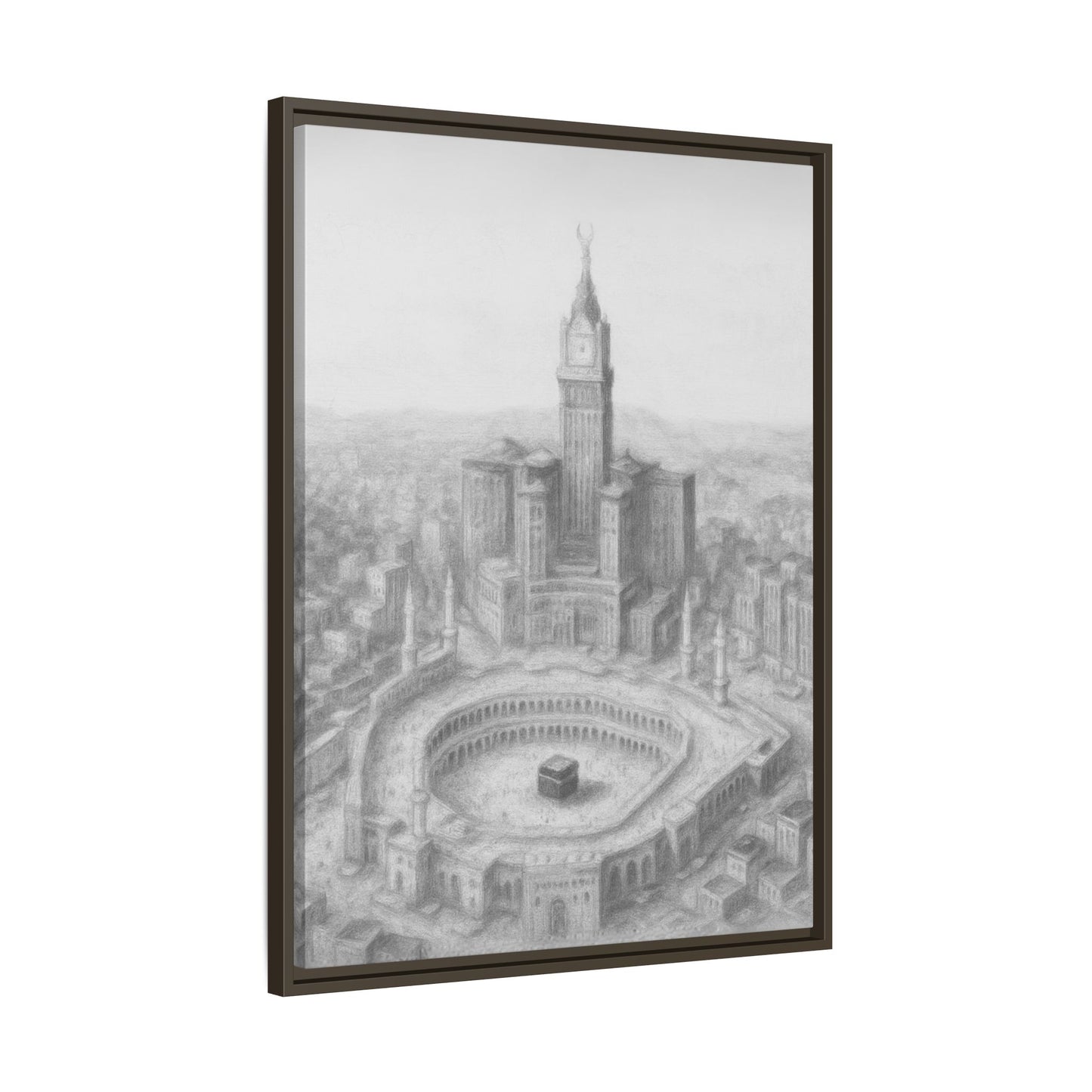 Black & White Kaaba & Clock Tower Drawing – Framed Canvas