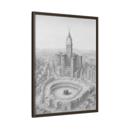 Black & White Kaaba & Clock Tower Drawing – Framed Canvas