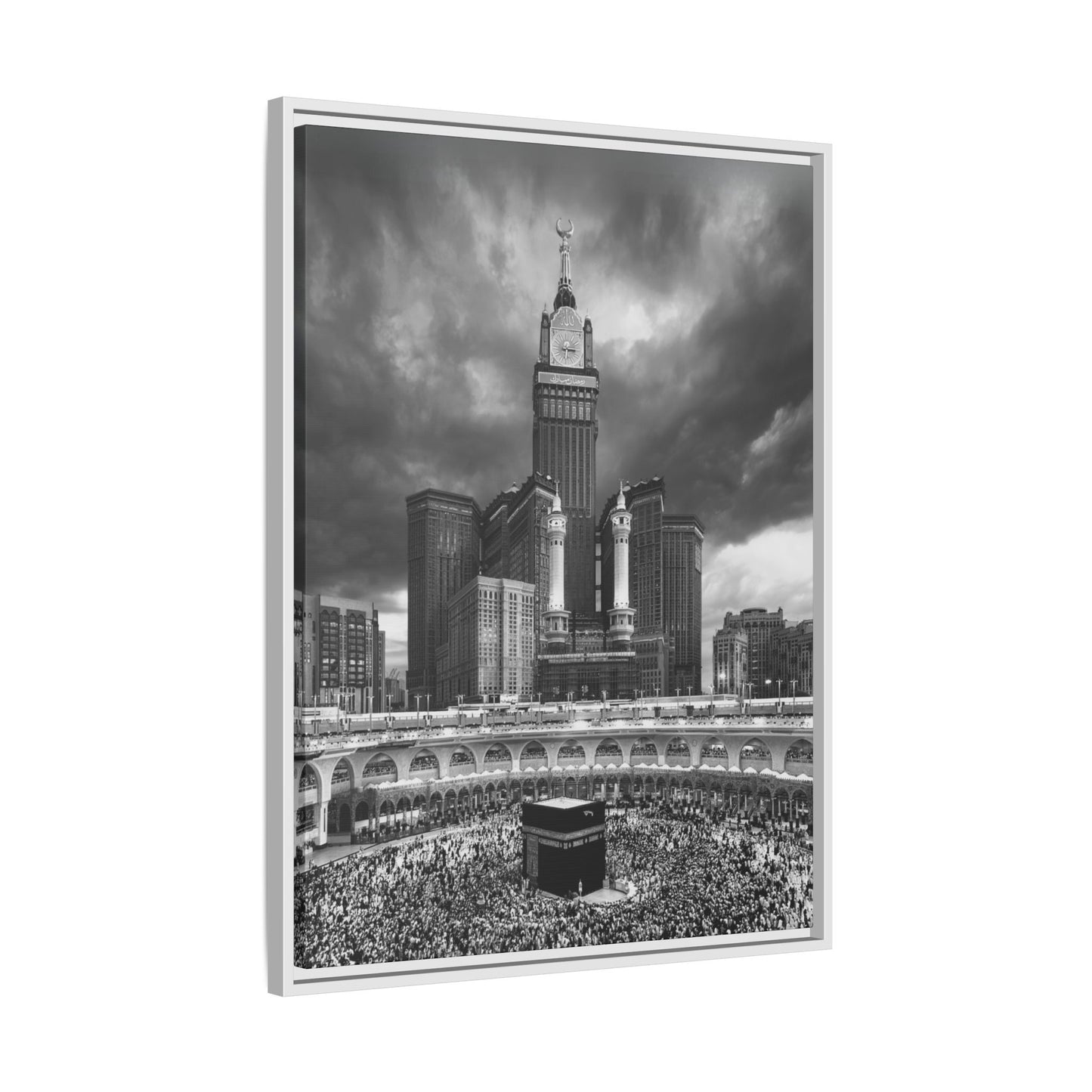 Black & White Makkah Clock Tower & Kaaba – Framed Canvas