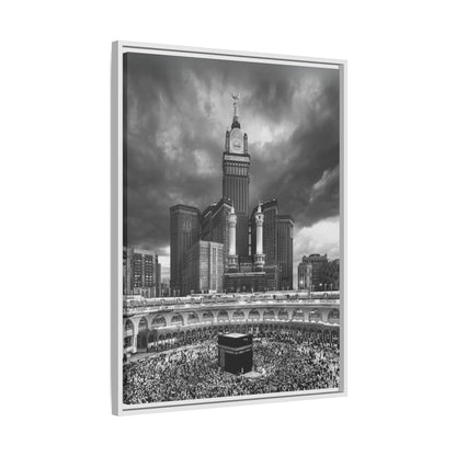 Black & White Makkah Clock Tower & Kaaba – Framed Canvas
