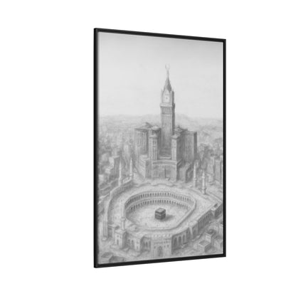 Black & White Kaaba & Clock Tower Drawing – Framed Canvas