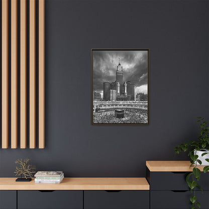 Black & White Makkah Clock Tower & Kaaba – Framed Canvas