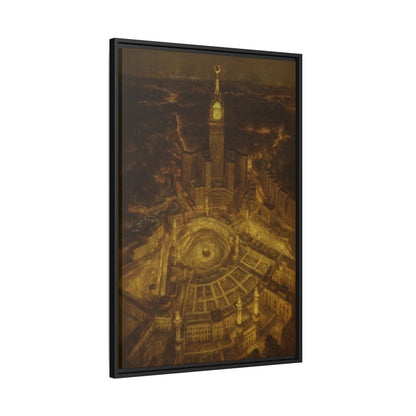 Golden Night Kaaba & Clock Tower – Aerial View Framed Canvas