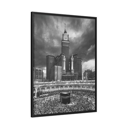 Black & White Makkah Clock Tower & Kaaba – Framed Canvas