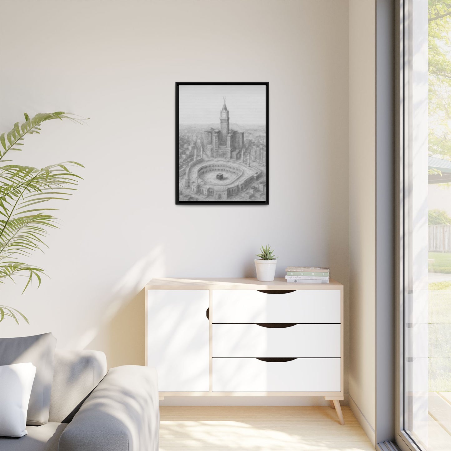 Black & White Kaaba & Clock Tower Drawing – Framed Canvas