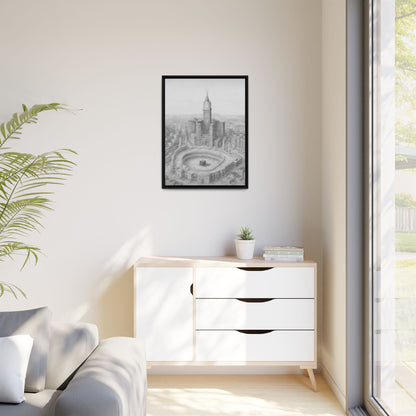 Black & White Kaaba & Clock Tower Drawing – Framed Canvas
