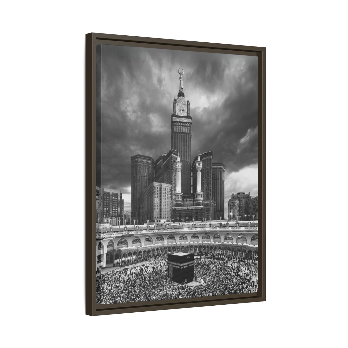 Black & White Makkah Clock Tower & Kaaba – Framed Canvas