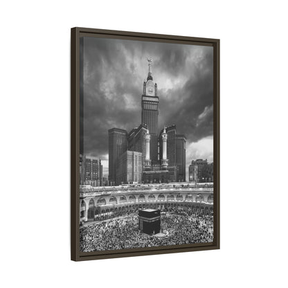 Black & White Makkah Clock Tower & Kaaba – Framed Canvas