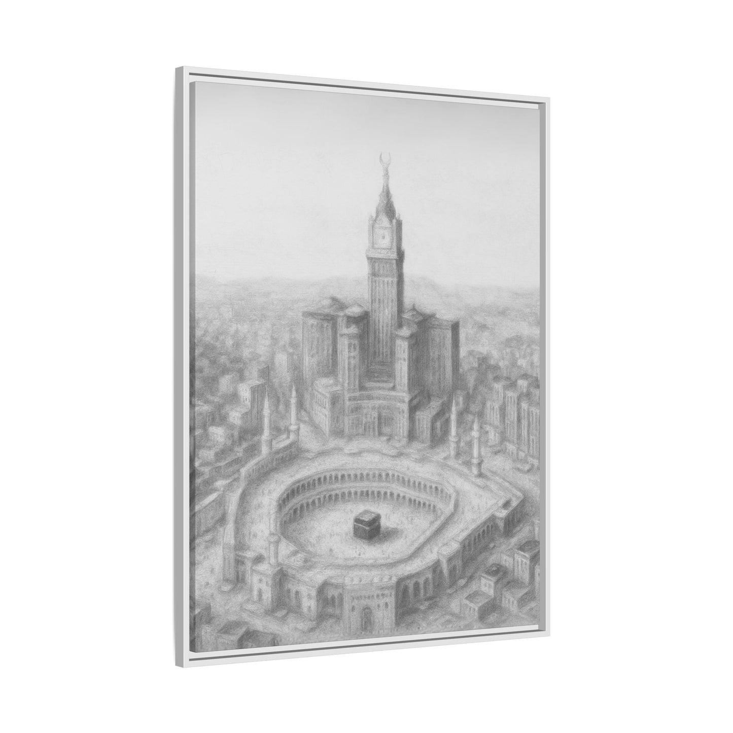 Black & White Kaaba & Clock Tower Drawing – Framed Canvas