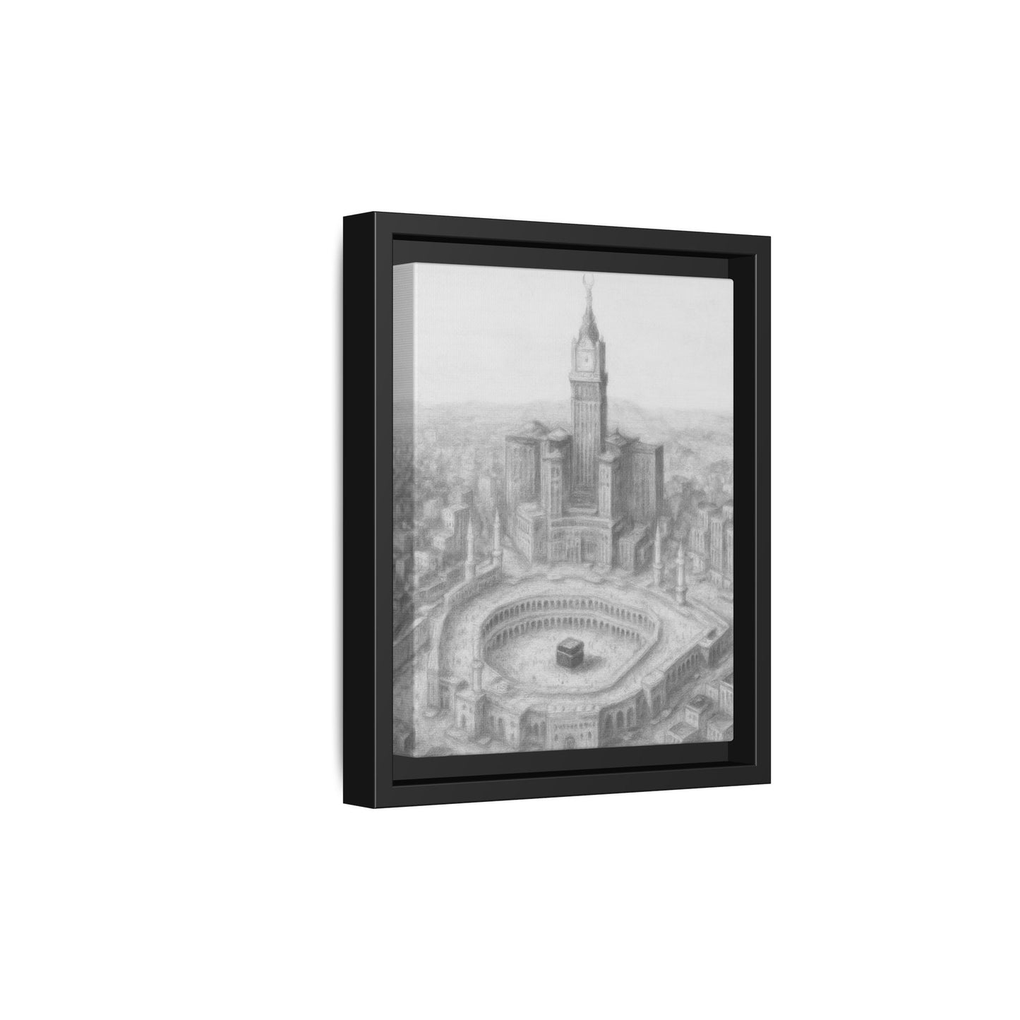 Black & White Kaaba & Clock Tower Drawing – Framed Canvas