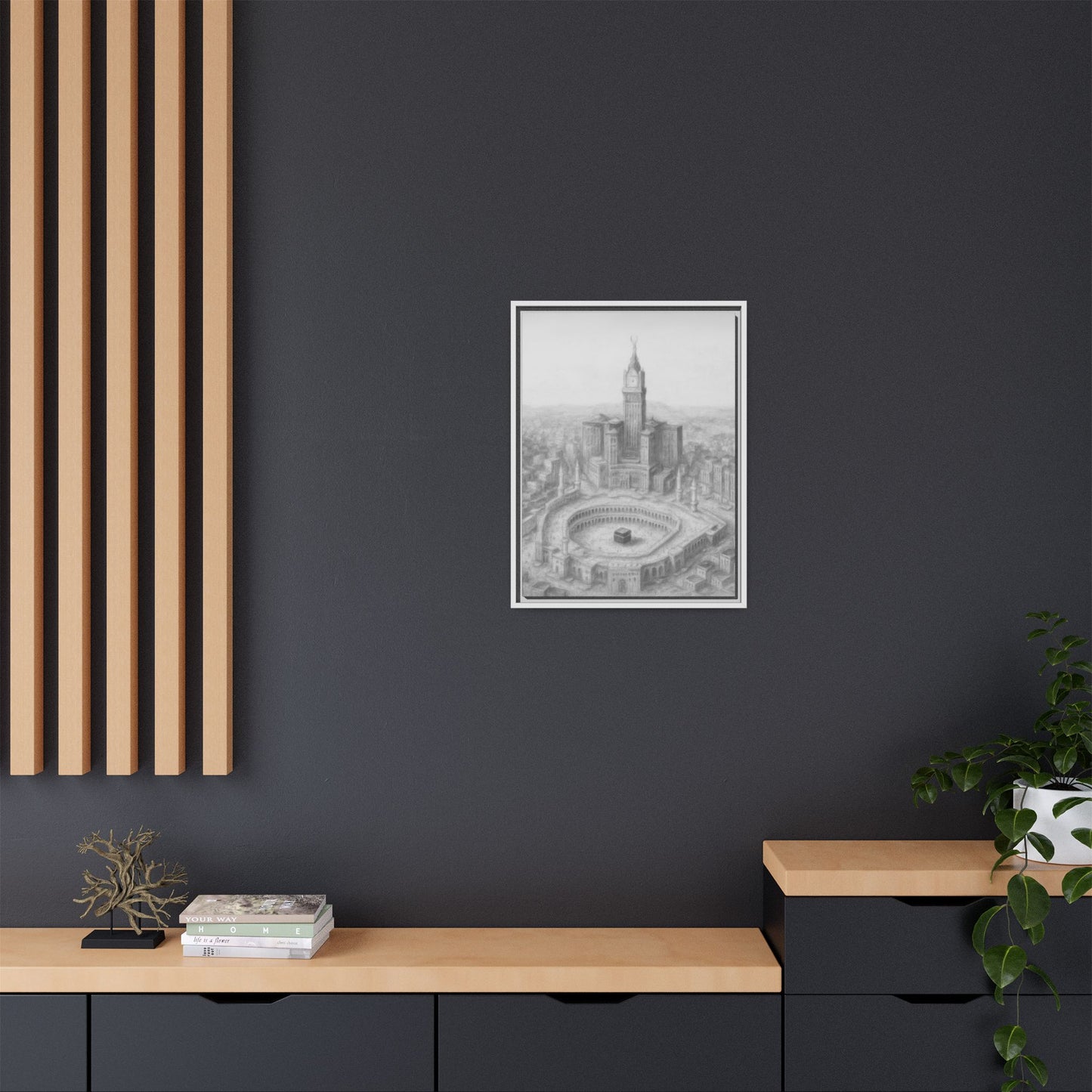 Black & White Kaaba & Clock Tower Drawing – Framed Canvas