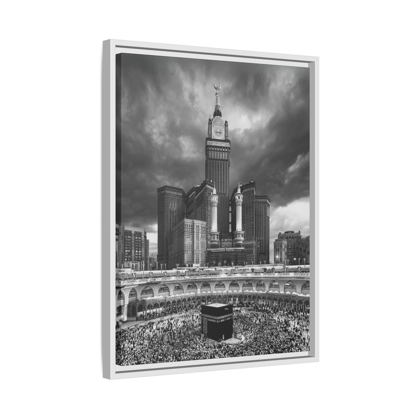 Black & White Makkah Clock Tower & Kaaba – Framed Canvas
