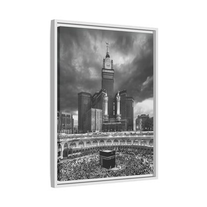 Black & White Makkah Clock Tower & Kaaba – Framed Canvas