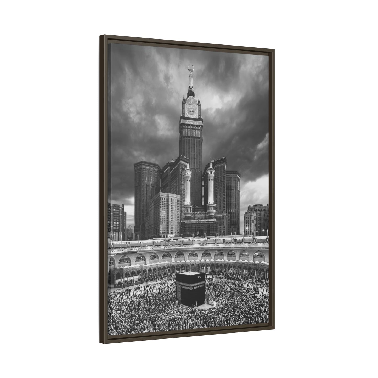 Black & White Makkah Clock Tower & Kaaba – Framed Canvas