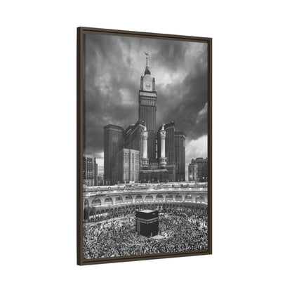 Black & White Makkah Clock Tower & Kaaba – Framed Canvas