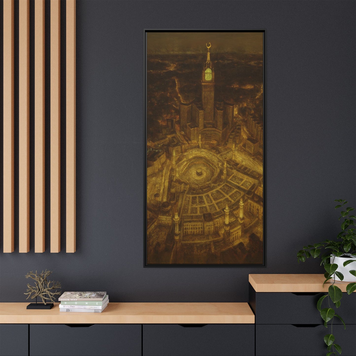 Golden Night Kaaba & Clock Tower – Aerial View Framed Canvas