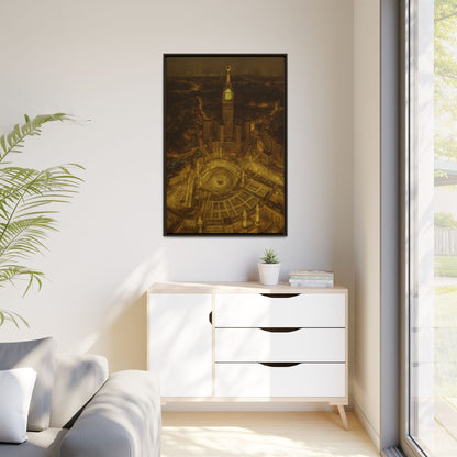 Golden Night Kaaba & Clock Tower – Aerial View Framed Canvas