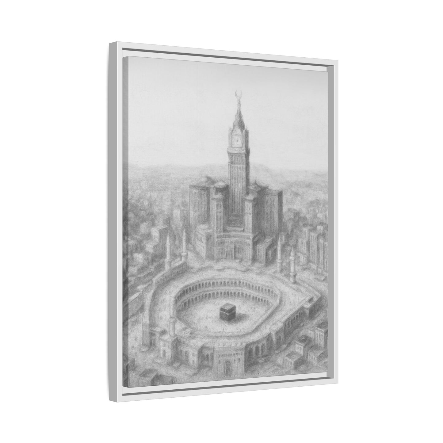 Black & White Kaaba & Clock Tower Drawing – Framed Canvas