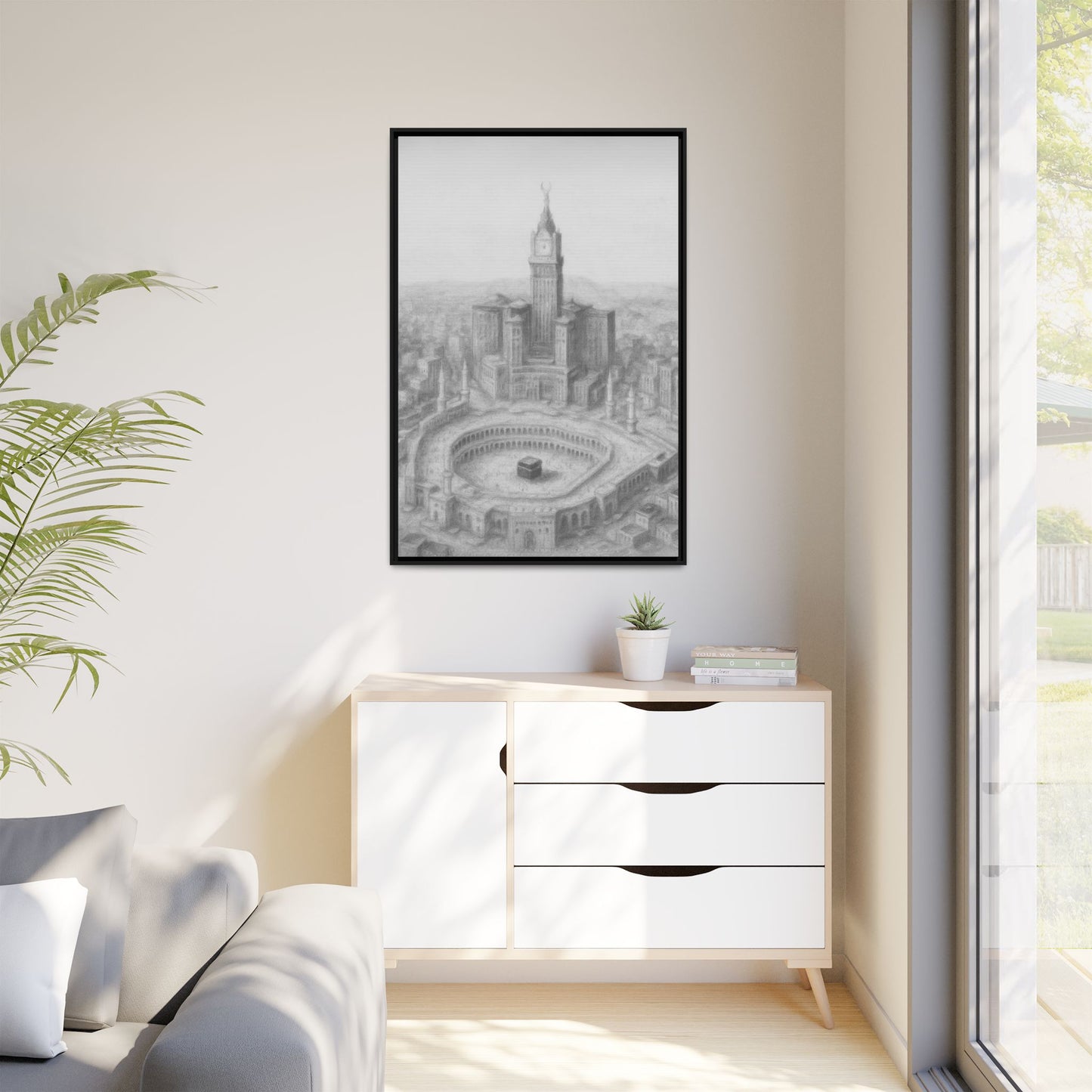 Black & White Kaaba & Clock Tower Drawing – Framed Canvas