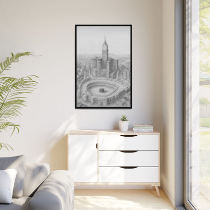 Black & White Kaaba & Clock Tower Drawing – Framed Canvas