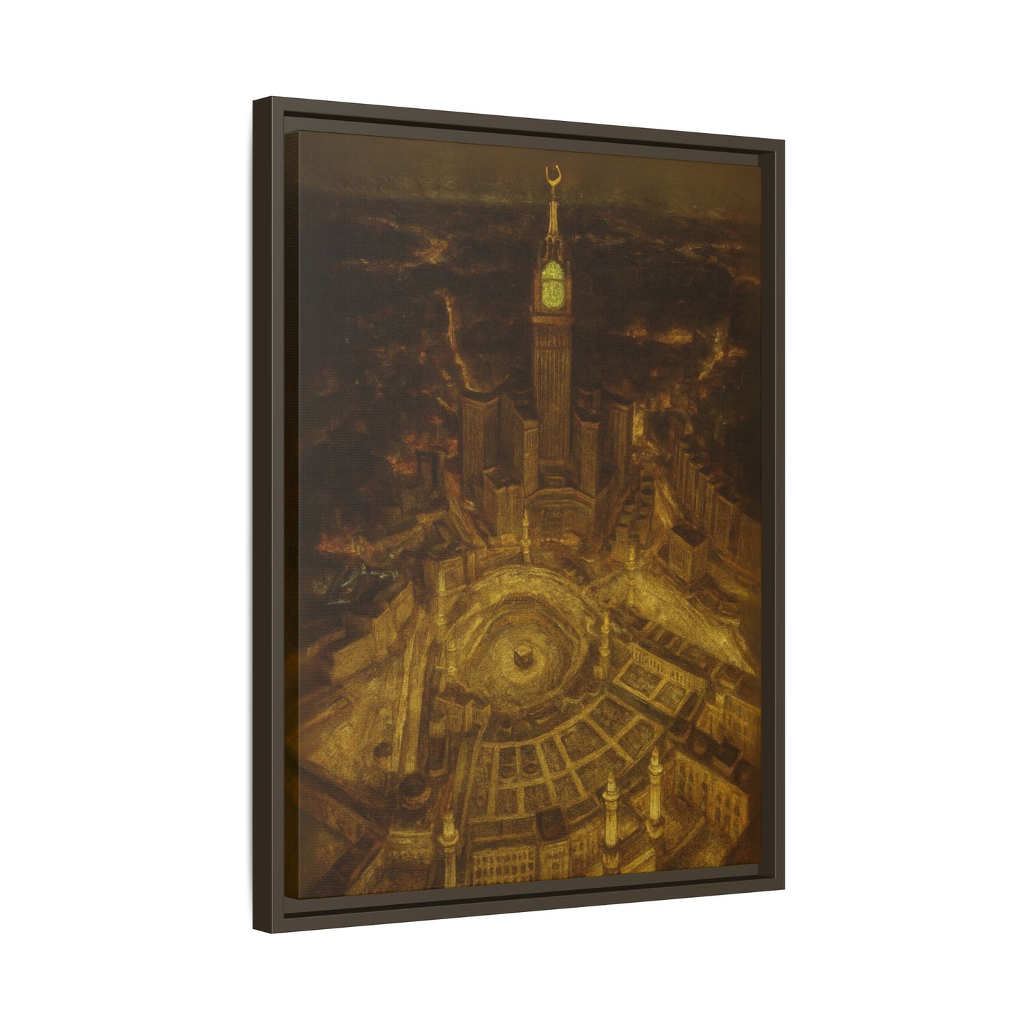 Golden Night Kaaba & Clock Tower – Aerial View Framed Canvas