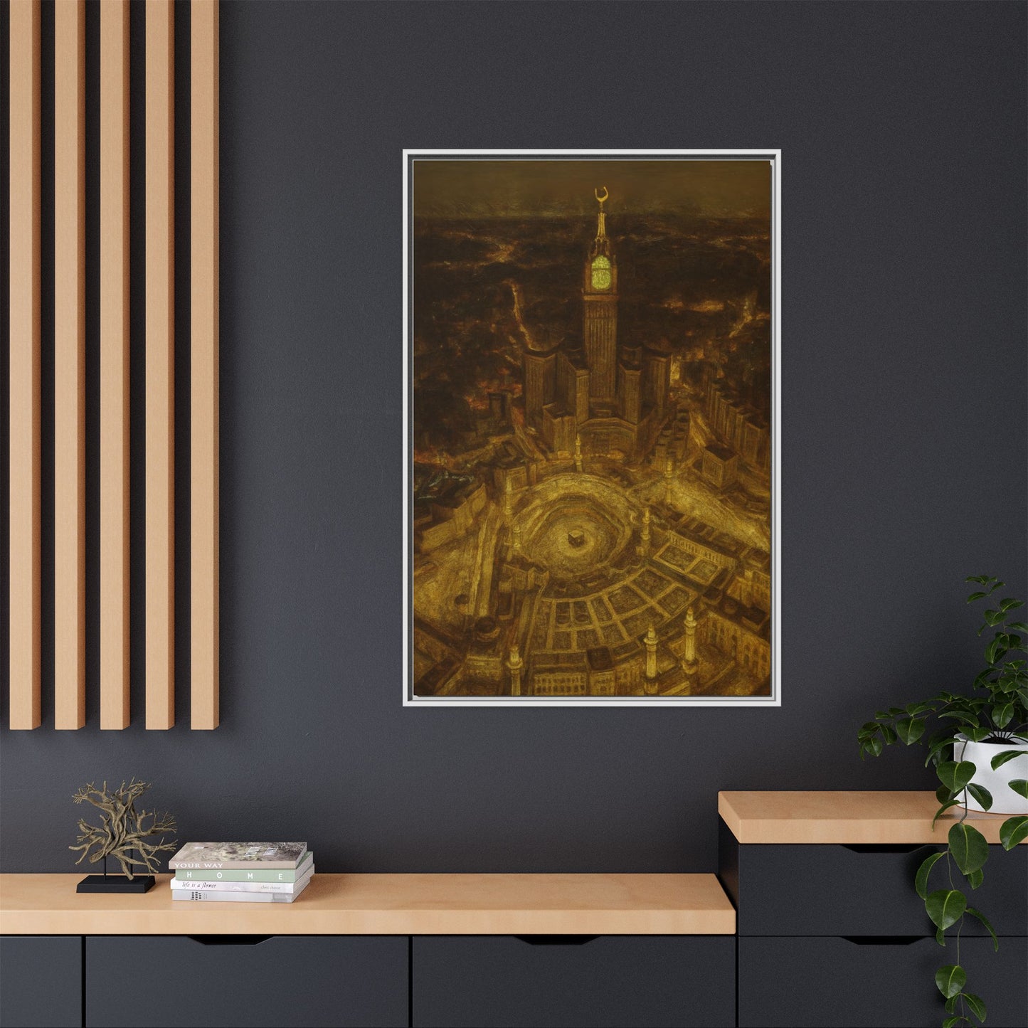 Golden Night Kaaba & Clock Tower – Aerial View Framed Canvas
