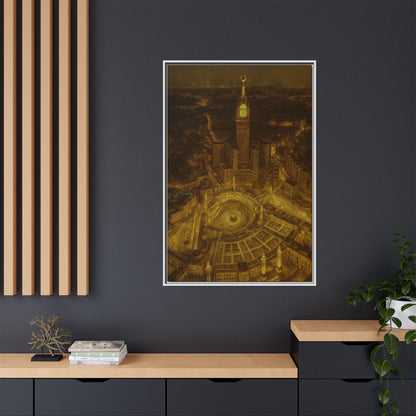 Golden Night Kaaba & Clock Tower – Aerial View Framed Canvas