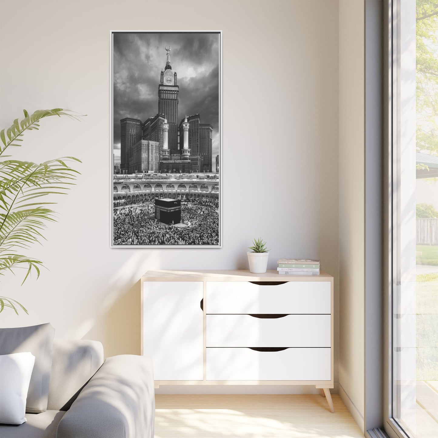 Black & White Makkah Clock Tower & Kaaba – Framed Canvas