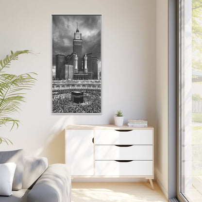 Black & White Makkah Clock Tower & Kaaba – Framed Canvas