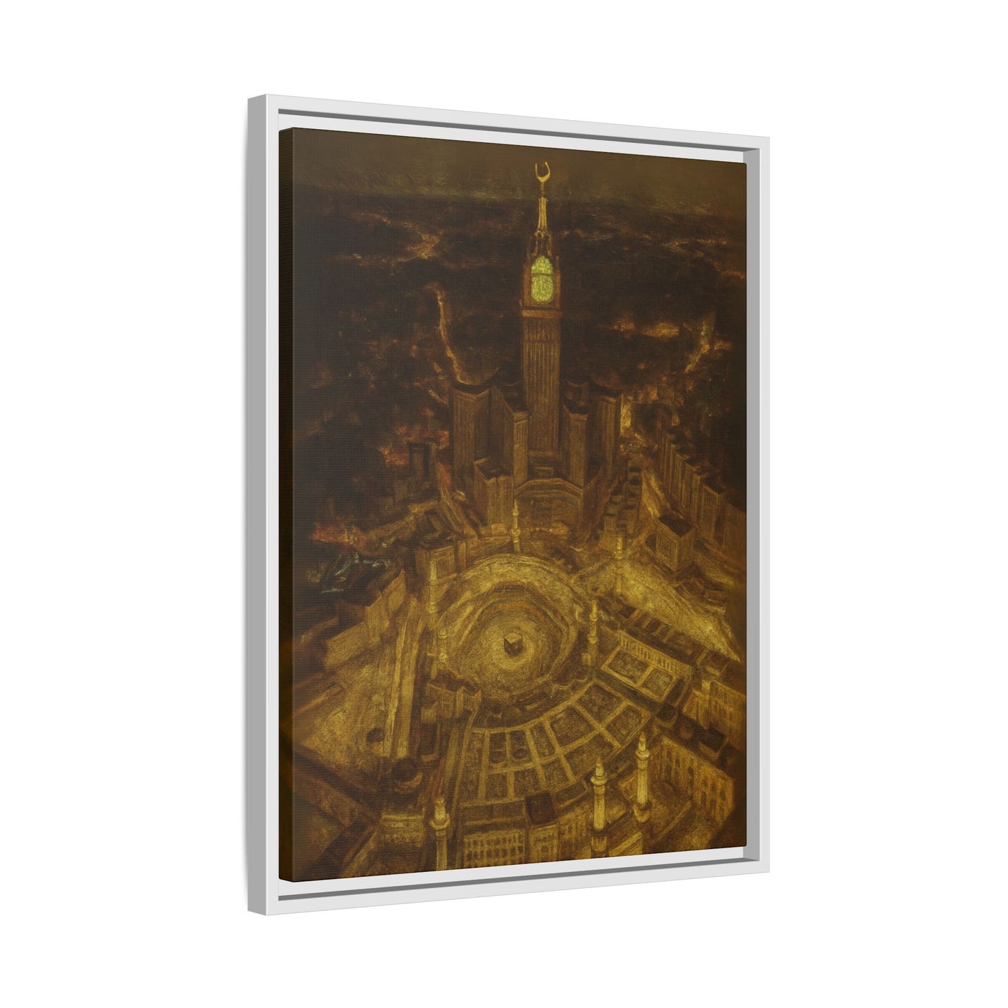 Golden Night Kaaba & Clock Tower – Aerial View Framed Canvas