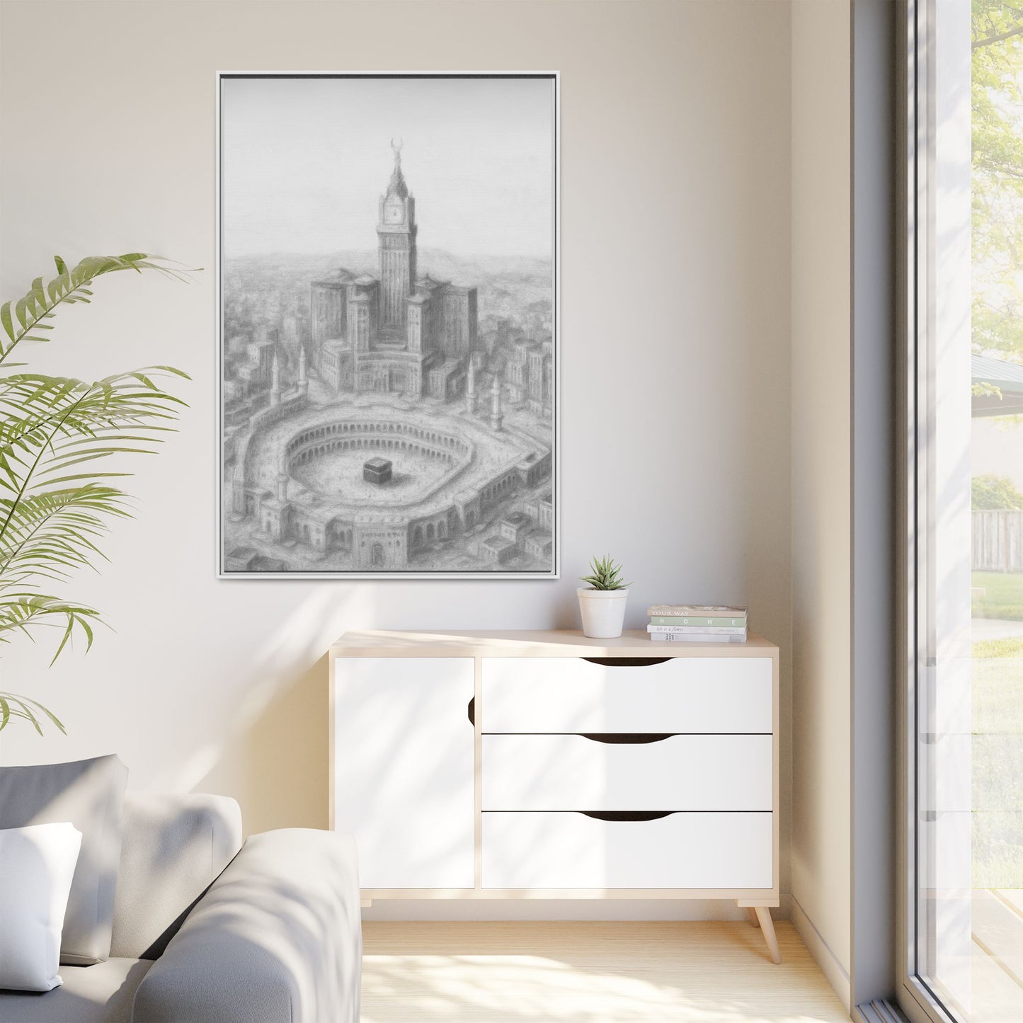 Black & White Kaaba & Clock Tower Drawing – Framed Canvas