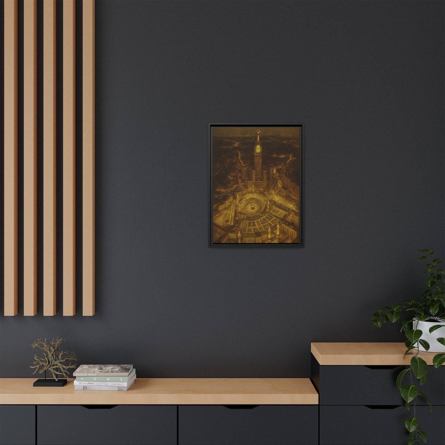 Golden Night Kaaba & Clock Tower – Aerial View Framed Canvas