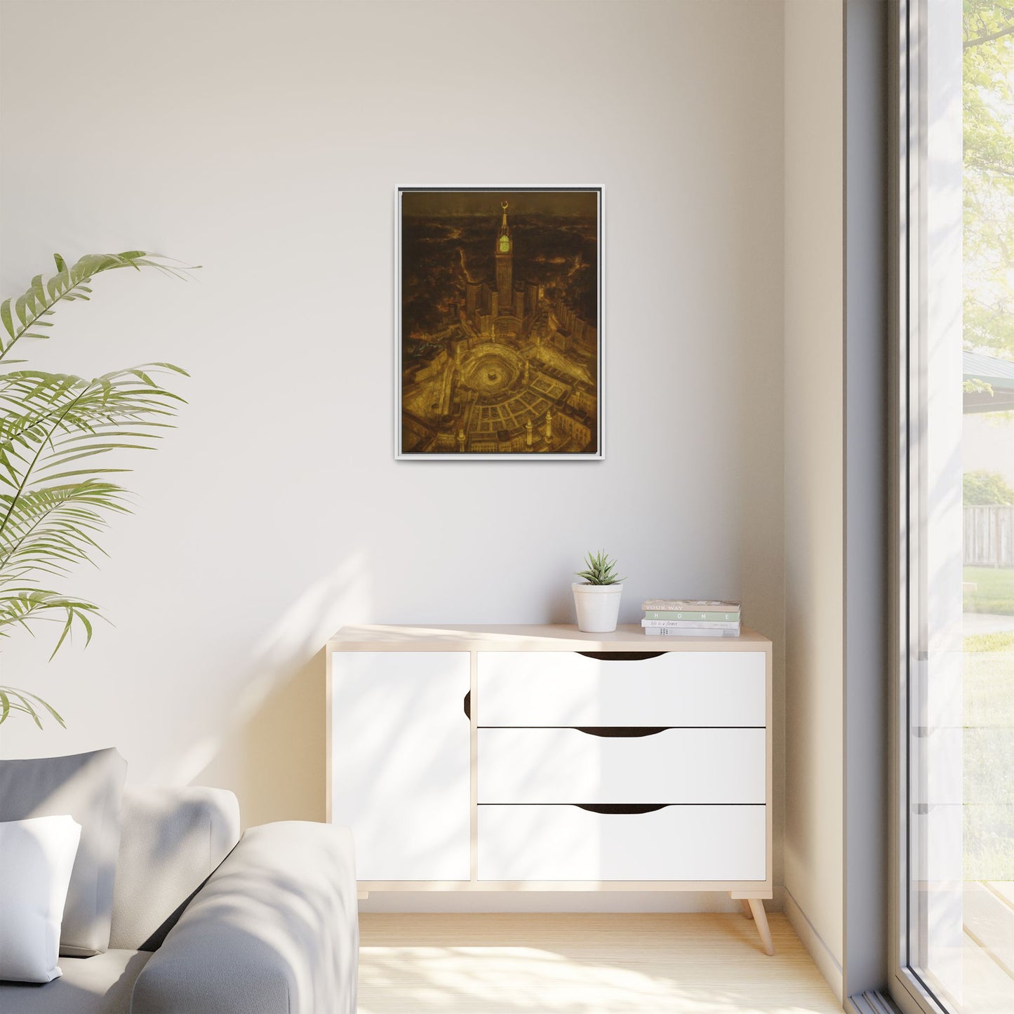 Golden Night Kaaba & Clock Tower – Aerial View Framed Canvas