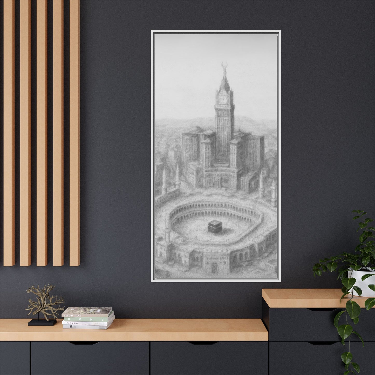 Black & White Kaaba & Clock Tower Drawing – Framed Canvas