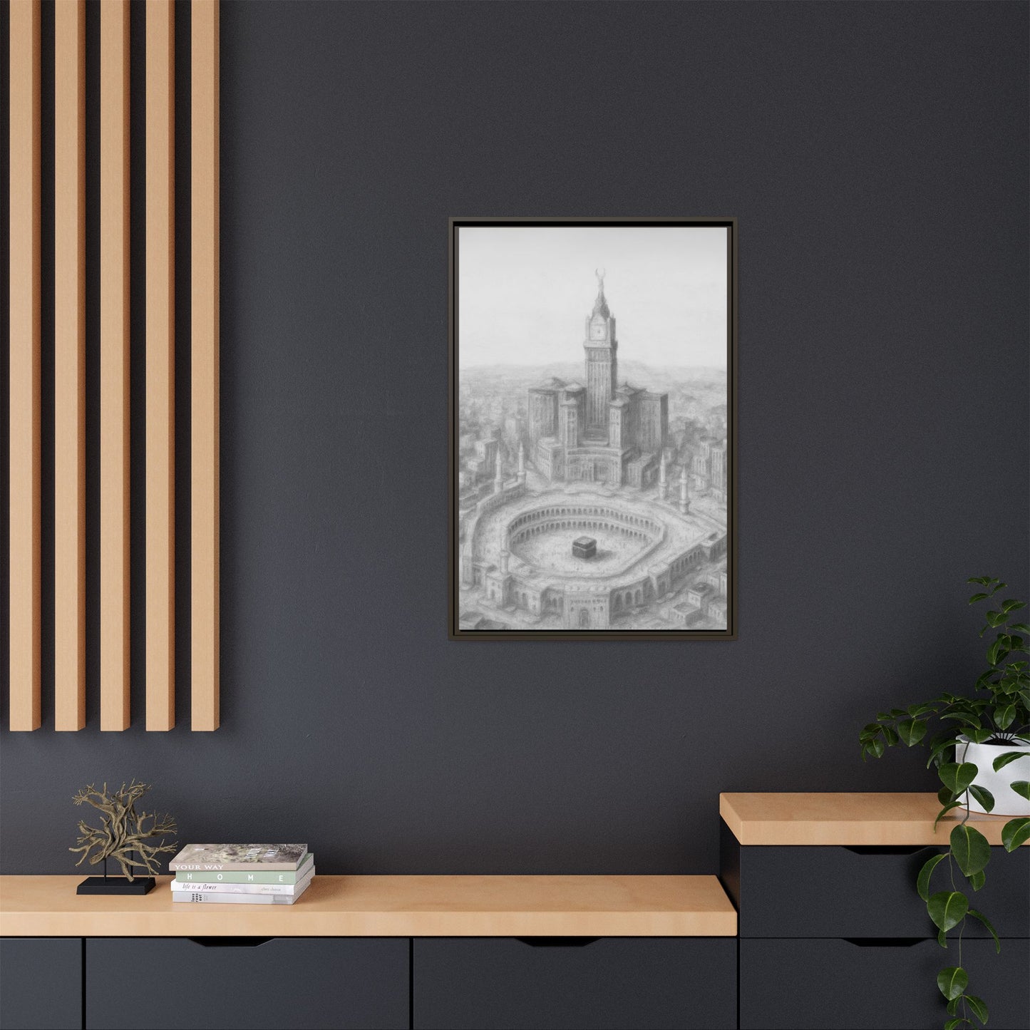 Black & White Kaaba & Clock Tower Drawing – Framed Canvas