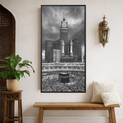 Black & White Makkah Clock Tower & Kaaba – Framed Canvas