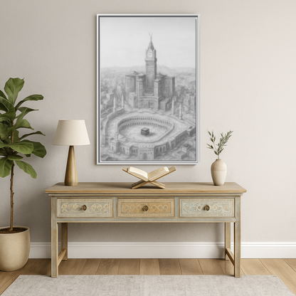 Black & White Kaaba & Clock Tower Drawing – Framed Canvas