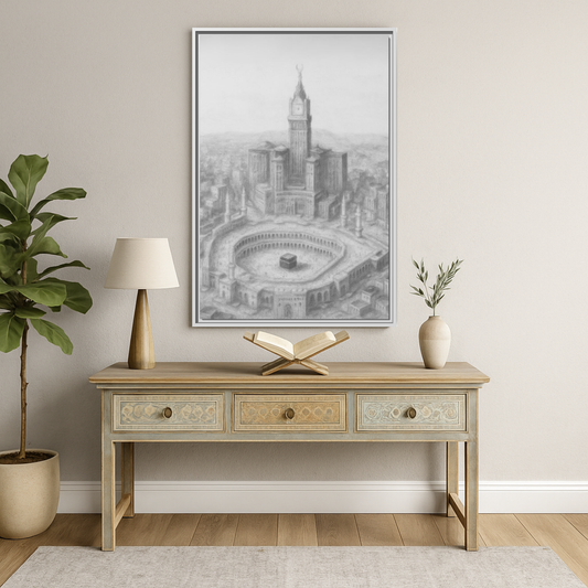 Black & White Kaaba & Clock Tower Drawing – Framed Canvas