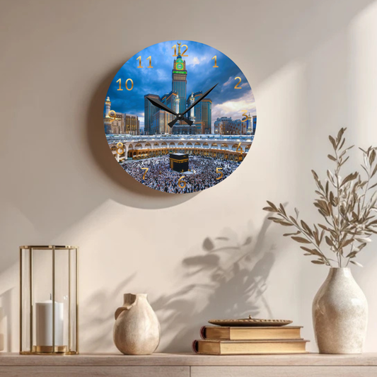 Kaaba Acrylic Wall Clock -Gold English Numerals