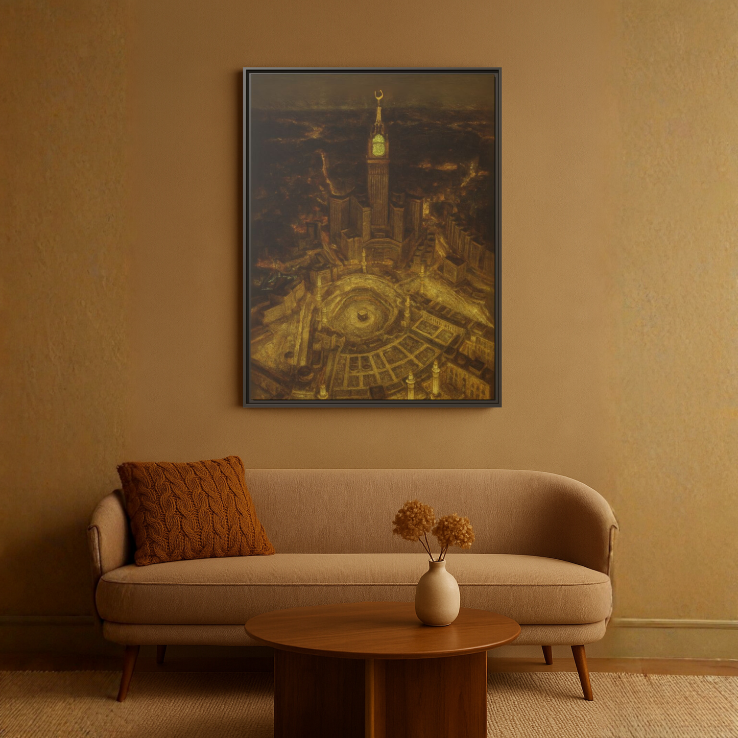 Golden Night Kaaba & Clock Tower – Aerial View Framed Canvas