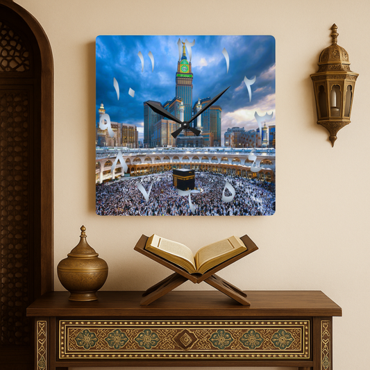 Kaaba Acrylic Wall Clock - Silver Arabic Numerals